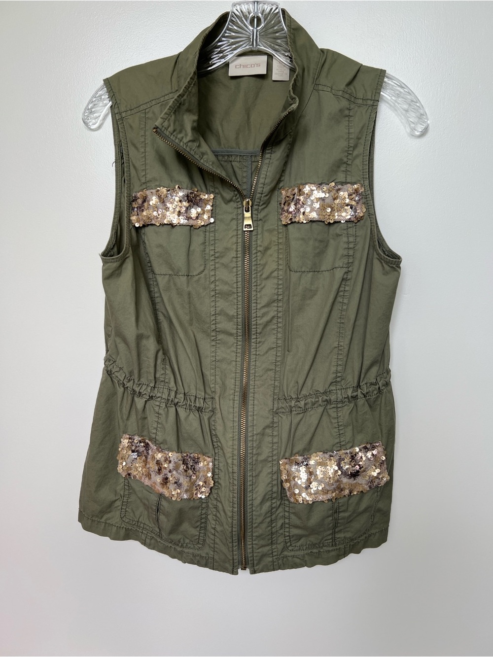 Chico's Olive Green Sequin-Pocket Utility Vest
